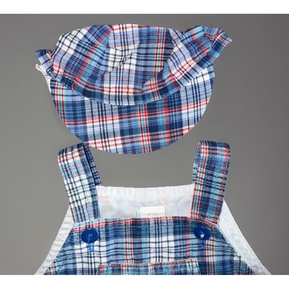 Vintage Baby Plaid Overalls Romper with Matching Hat Bear Golf Size 6-9 Months - Picture 5 of 8